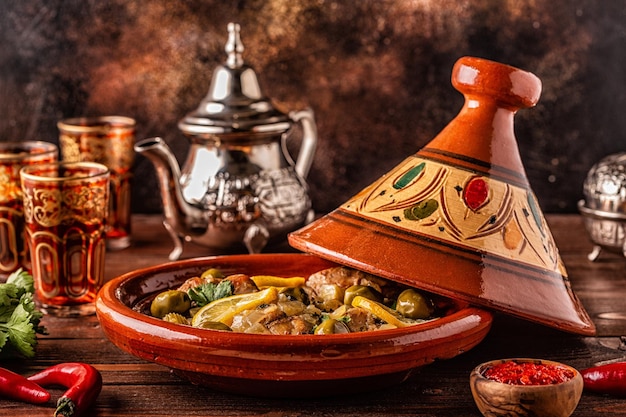 Traditionelle marokkanische Hähnchen-Tajine mit Oliven und gesalzenen Zitronen