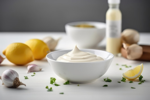 Traditionelle Mayonnaise-Sauce in einer weißen Keramikschüssel