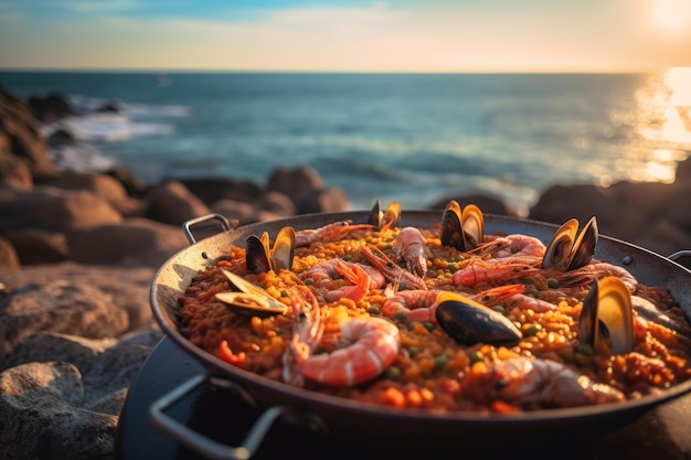 Traditionelle Meeresfrüchte-Paella in der Pfanne auf einem Tisch am Meer. Generative KI
