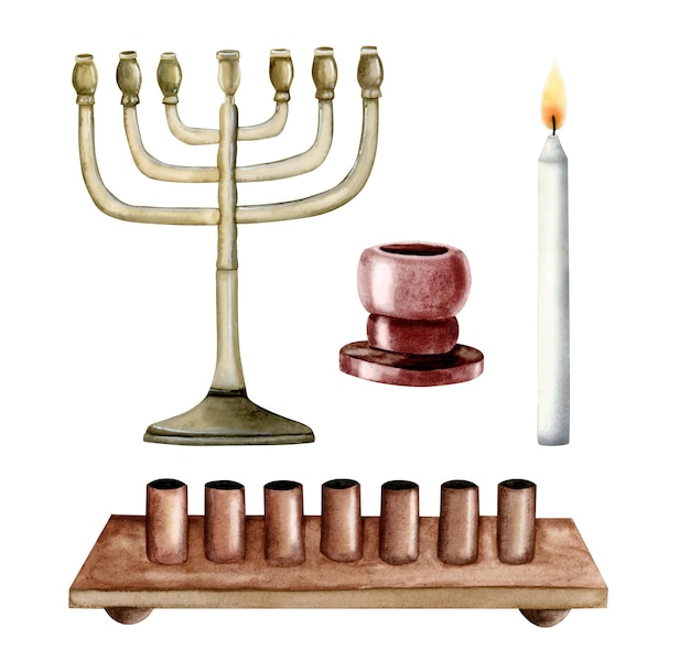 Traditionelle Menorah Shabbat Leuchter für sieben brennende Kerzen Brennendes Kerzen-Aquarell-Set