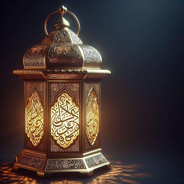 Traditionelle Messing-Ramadan-Lampe mit komplizierter arabischer Kalligraphie und weichem leuchtendem Licht