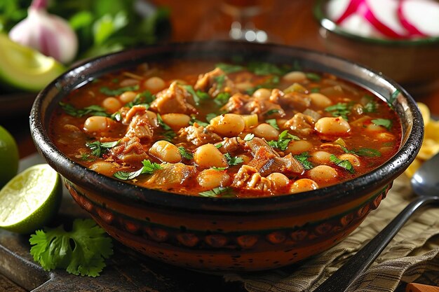 Traditionelle mexikanische rote Pozole-Suppe in der Schüssel