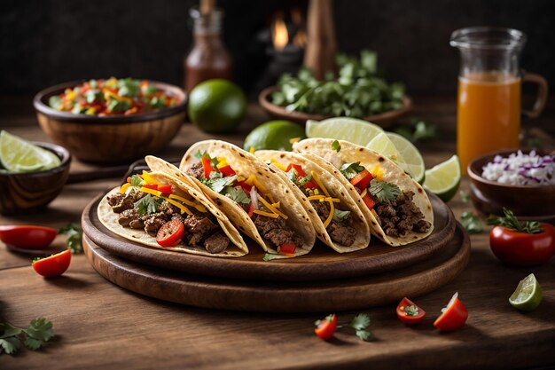 Traditionelle mexikanische Tacos mit Fleisch und Gemüse auf einem Holztisch