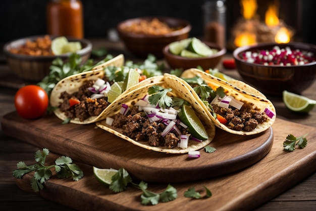 Traditionelle mexikanische Tacos mit Fleisch und Gemüse auf einem Holztisch