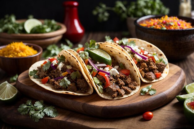 Traditionelle mexikanische Tacos mit Fleisch und Gemüse auf einem Holztisch