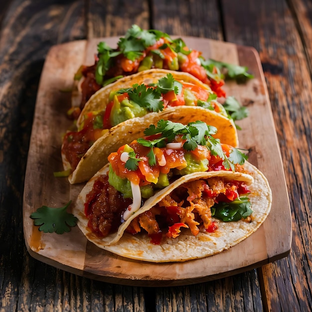Traditionelle mexikanische Tacos mit Fleisch und Gemüse auf einer Holzplatte