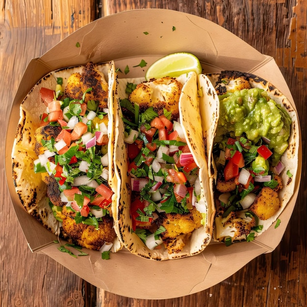 Traditionelle mexikanische Tacos mit Guacamole und Gemüse auf einem hölzernen Hintergrund