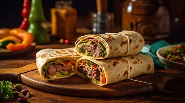 Traditionelle mexikanische Tortilla-Wrap mit Hühnerfleisch und Gemüse auf Holztisch Generative Ai