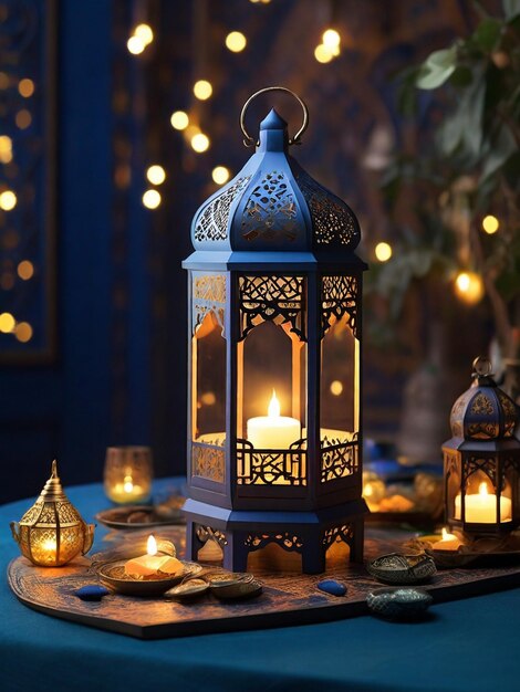 Traditionelle orientalische Tischgestaltung für den Ramadan Kareem mit frischen Früchten und Nüssen