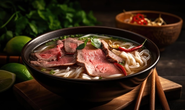 Traditionelle Pho Bo-Suppe mit Rindfleisch-Reisnudeln, Ingwer-Limetten-Chili-Pfeffer in einer Schüssel Nahaufnahme der generativen KI der vietnamesischen und asiatischen Küche