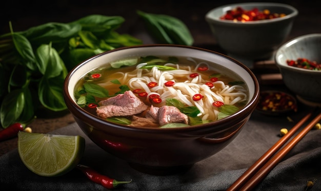 Traditionelle Pho Bo-Suppe mit Rindfleisch-Reisnudeln, Ingwer-Limetten-Chili-Pfeffer in einer Schüssel Nahaufnahme der generativen KI der vietnamesischen und asiatischen Küche