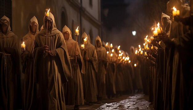 Foto traditionelle prozession am candlemas-tag mit teilnehmern, die angezündete kerzen halten und den weg erleuchten