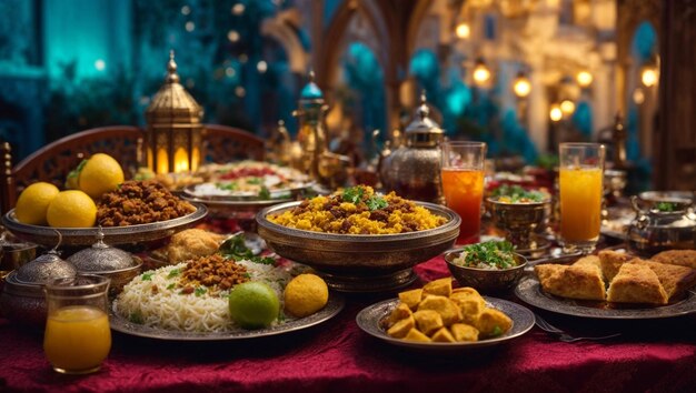 Traditionelle Ramadan Kareem Iftar-Mahlzeit mit einer Auswahl an köstlichen Speisen und Getränken, die von KI generiert wurden