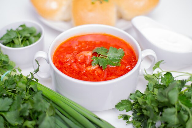 Traditionelle russische Suppe mit Kartoffeln, Rote Beete, Kohl, Fleisch und Gemüse