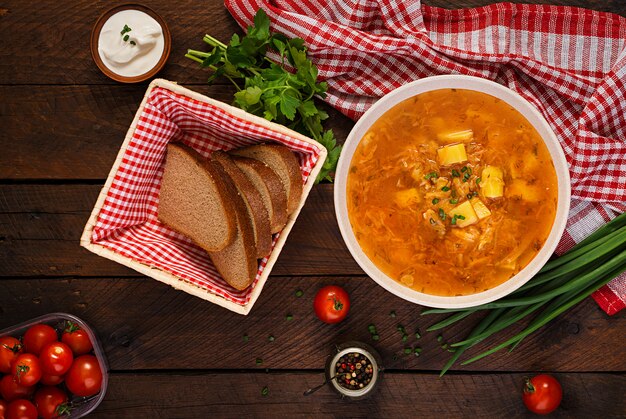 Traditionelle russische Suppe mit Kohl - Sauerkrautsuppe - Shchi. Flach liegen. Ansicht von oben