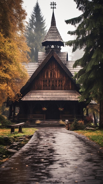 Traditionelle rustikale Holzkirche auf einer bewölkten Tagesoberfläche