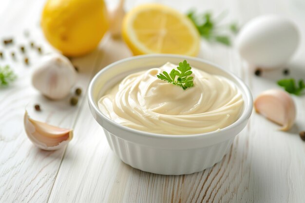 Traditionelle schmackhafte Mayonnaise-Sauce in einer weißen Keramikschüssel und Zutaten auf weißem Holzhintergrund