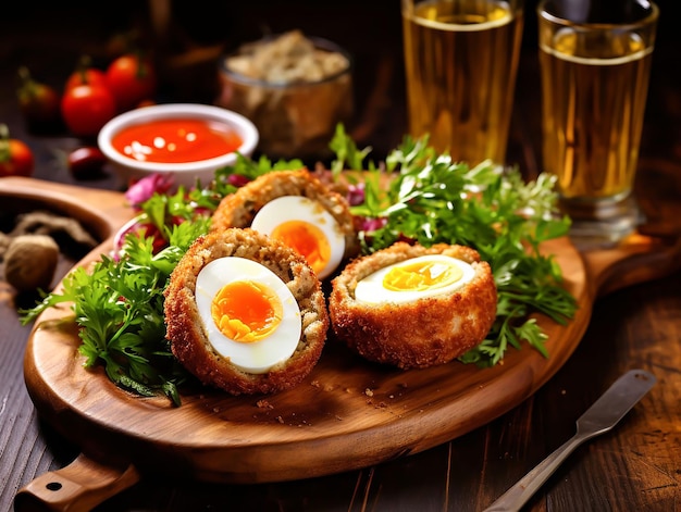 Foto traditionelle schottische eier, in zwei hälften geschnitten, auf einem holzplatt, serviert mit gemüse