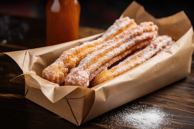 Foto traditionelle spanische dessert-churros mit geblasenem zucker-churros closeup frische heiße stöcke in einer papiertüte