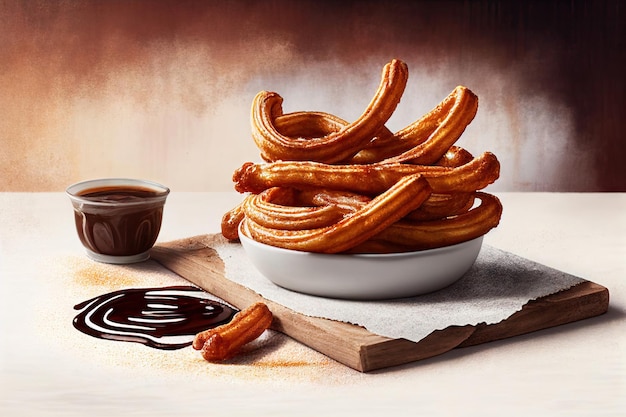 Traditionelle spanische Dessert-Churros mit Schokoladensauce auf einem Teller Generative AI