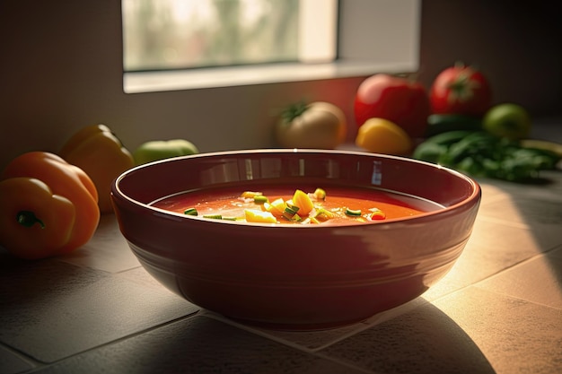 Traditionelle spanische Gazpacho-Suppe in Schüssel mit Zutaten auf Holztisch und Küchenhintergrund Ai generativ