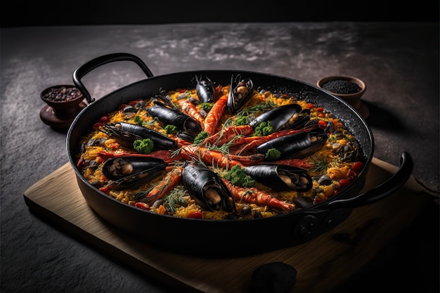 Traditionelle spanische Paella mit Meeresfrüchten und Hühnerfleisch