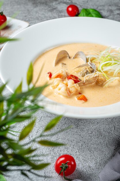 Traditionelle Suppe mit Felsenfisch und Muschel, serviert in einem weißen Teller auf einem grauen Steintisch. Speisekarte