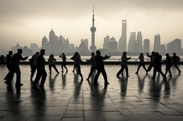 Traditionelle Taiji-Übungen am Fluss in Shanghai