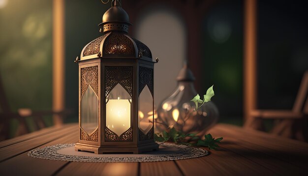 Traditionelle Taschenlampe mit Kerzen Banner im islamischen Stil für die Produktpräsentation Schöne muslimische Einladung Eid Mubarak Religionshintergrund Generative AI