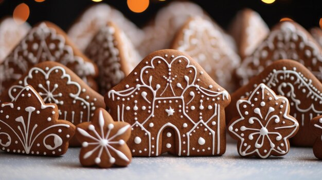 Traditionelle Weihnachtsplätzchen, hausgemachte, süß dekorierte Lebkuchenkekse mit Zuckerguss