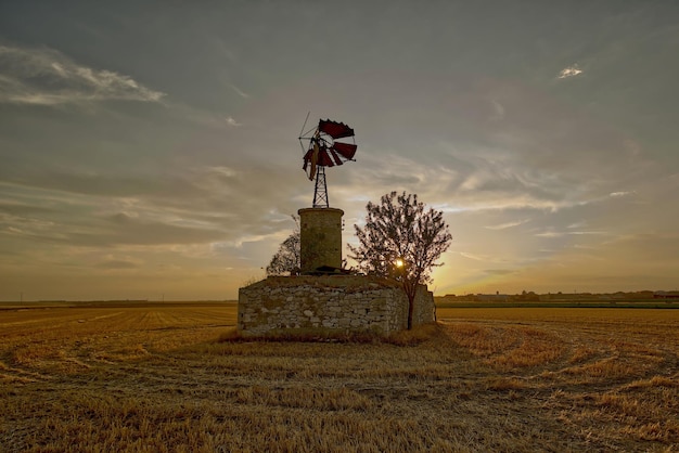 Foto traditionelle windmühle auf dem feld gegen den himmel bei sonnenuntergang