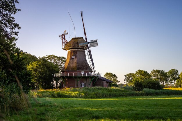 Traditionelle Windmühle auf dem Feld vor klarem Himmel