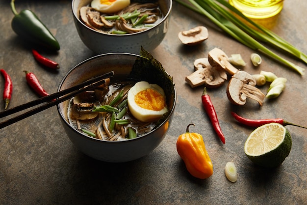 Traditionelle würzige Ramen in Schüsseln mit Essstäbchen und Gemüse auf Steinoberfläche