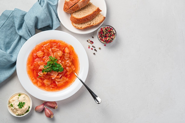 Traditioneller Borschtsch mit Gemüse und Tomaten auf grauem Hintergrund. Russische, ukrainische Küche.