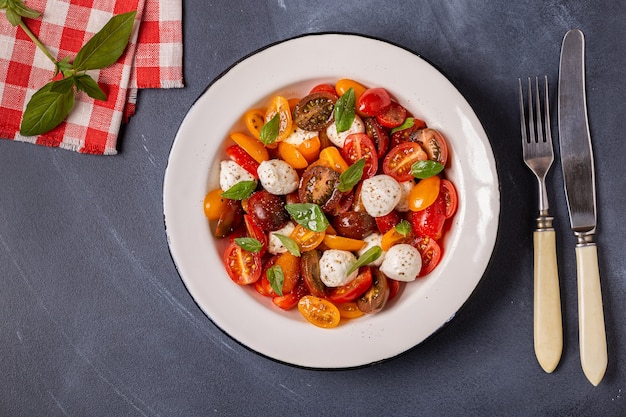 Traditioneller Caprese-Salat aus geschnittenen frischen Tomaten, Mozzarella und Basilikum, Ansicht von oben