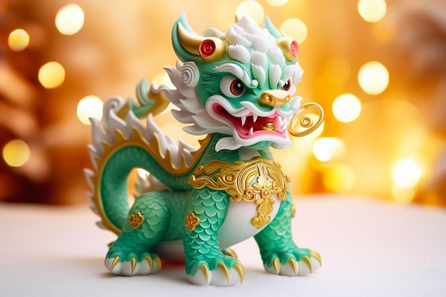 Traditioneller chinesischer Drache auf festlichem goldenem Bokeh-Hintergrund Statuette eines grünen hölzernen Drachen 2024 Neujahrssymbol Chinesisches Neujahr Weihnachten Winterferienpostkarte Grüner hölzerner Drache 2024