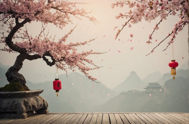 Traditioneller chinesischer Hintergrund mit Sakura-Baum und Laternendekoration