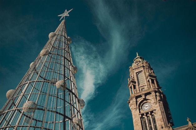 Traditioneller elektrischer Weihnachtsbaum vor dem Rathaus von Porto (Câma