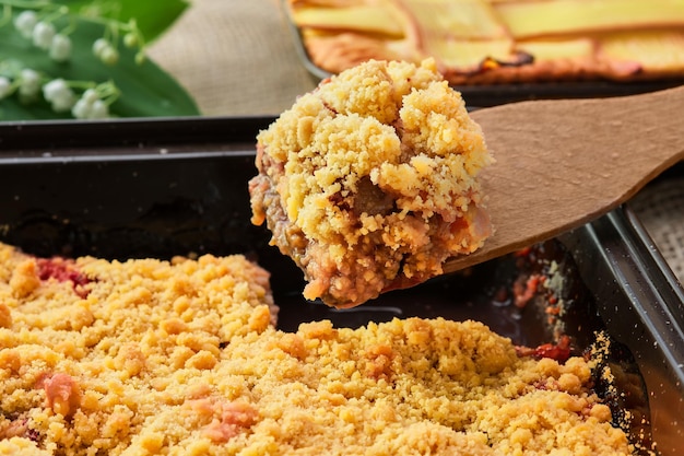 Traditioneller englischer krümeliger Rhabarberkuchen mit gebackener Füllung oder köstlicher Rhabarberkuchen Nahaufnahme weicher selektiver Fokus auf ein Stück Kuchen auf einem Schulterblatt