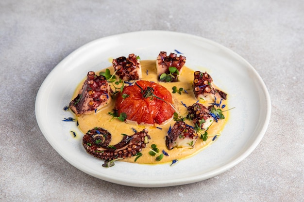 Traditioneller französischer Tintenfisch, geschmort mit Romesco-Sauce Pulpo a la gallega octopus