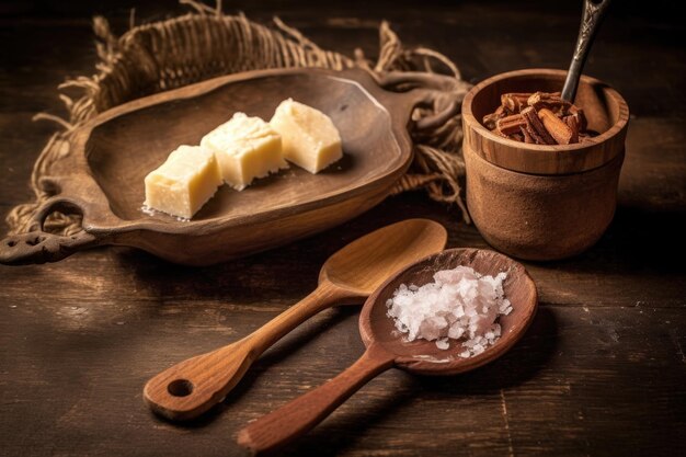 Traditioneller Holzlöffel und Messer zur Herstellung von türkischem Genuss, hergestellt mit generativer KI