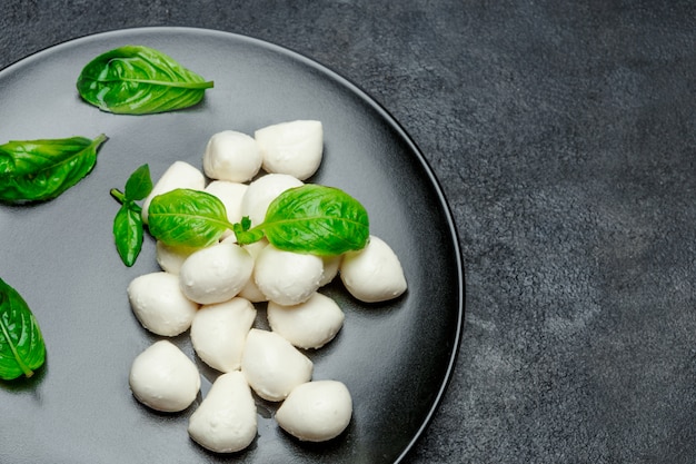 Traditioneller italienischer Mozzarella-Käse und Basilikum auf dunklem Beton