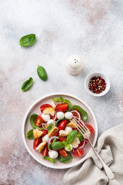 Traditioneller italienischer Salat Panzanella mit Kirschtomaten, Mozzarella, Basilikum und Brot in Keramikplatte. Draufsicht.