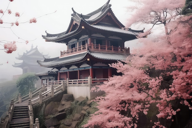Traditioneller japanischer Architekturschrein in Tokio, Japan mit Sakura und Baum während der Frühlingssaison AI