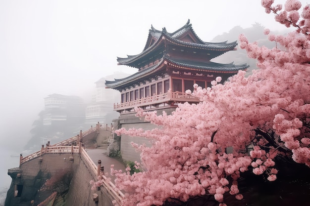 Traditioneller japanischer Architekturschrein in Tokio, Japan mit Sakura und Baum während der Frühlingssaison