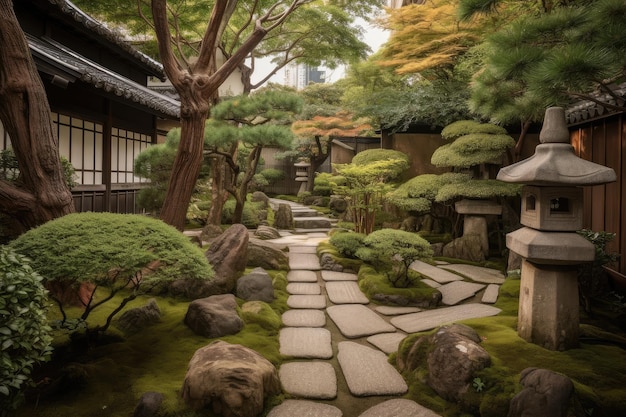 Traditioneller japanischer Garten mit Steinweglaternen und Bonsaibäumen