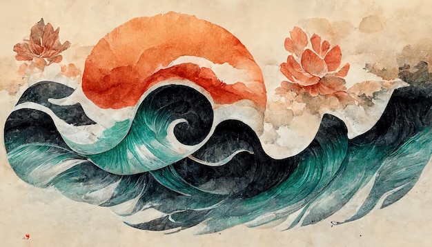 Traditioneller japanischer Hintergrund mit Wellen und Blumenstruktur Orientalische natürliche Aquarellwelle