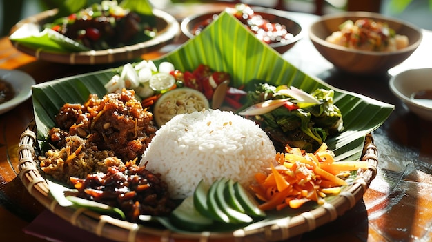 Traditioneller javanischer Ristafel-Reis, der mit traditionellem Gemüse serviert wird.