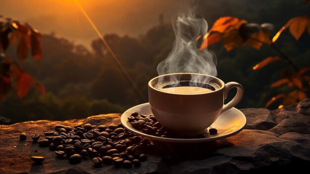 Traditioneller Kaffeebecher mit herzförmigem Dampf auf rustikalem Holz