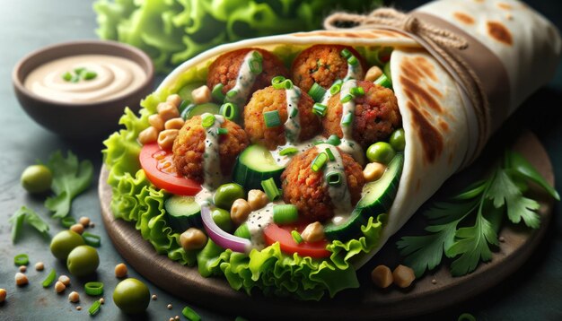 Traditioneller Nahost-Falafel-Wrap, gefüllt mit knusprigen Falafelkugeln und frischem Gemüse